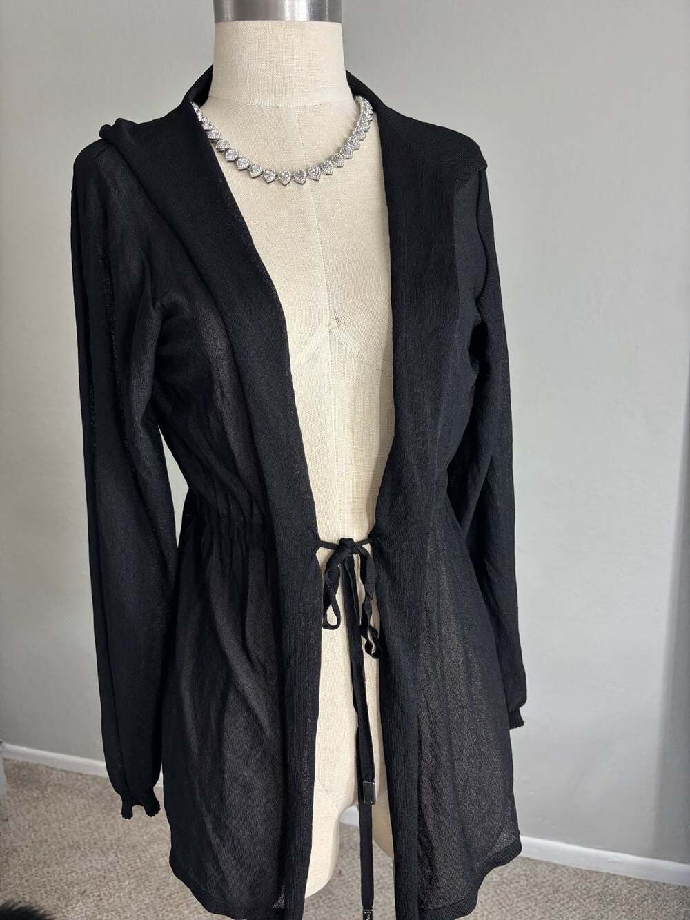 Black Sheer Knit Hooded Drawstring Waist Cardigan